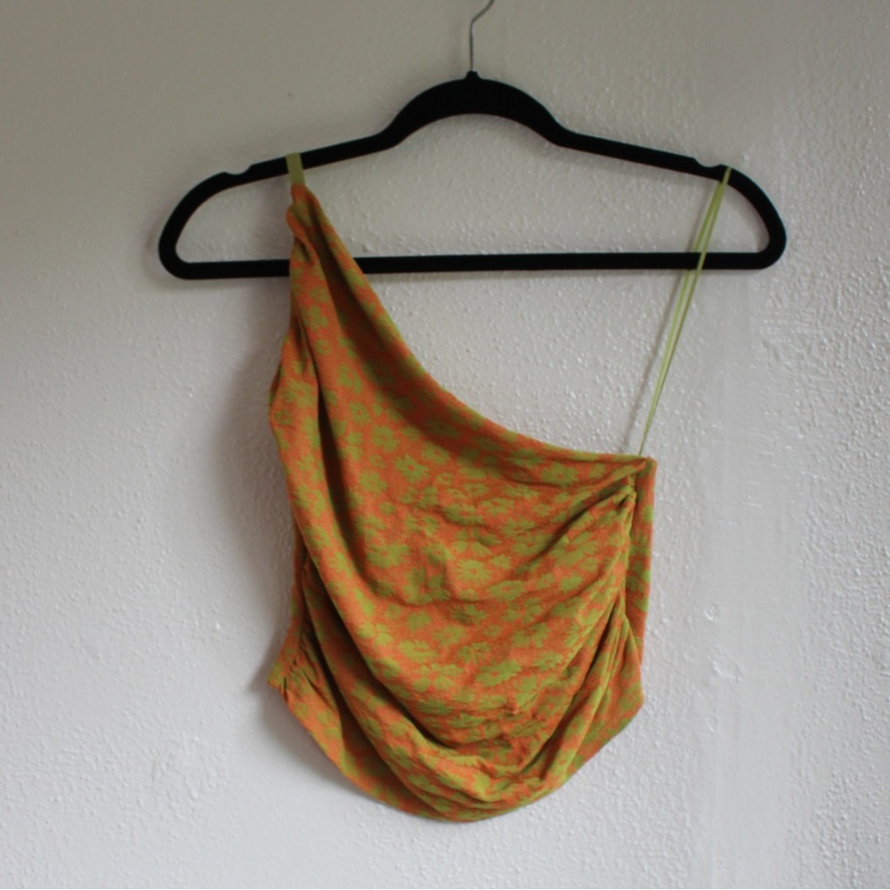 Zara One Shoulder Draped Top Green Orange Floral Abstract
